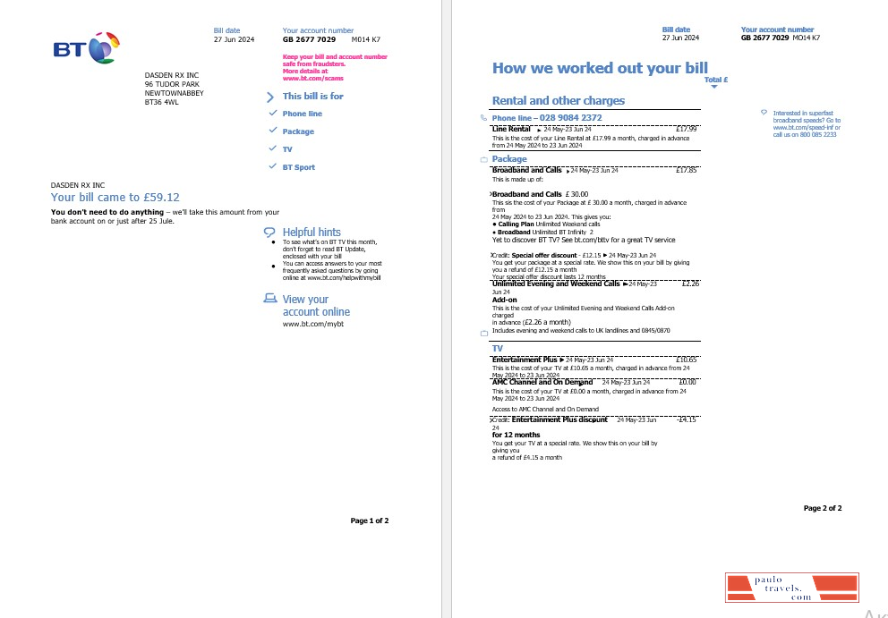 United Kingdom BT business utility bill template in Word and PDF formats, 2 pages